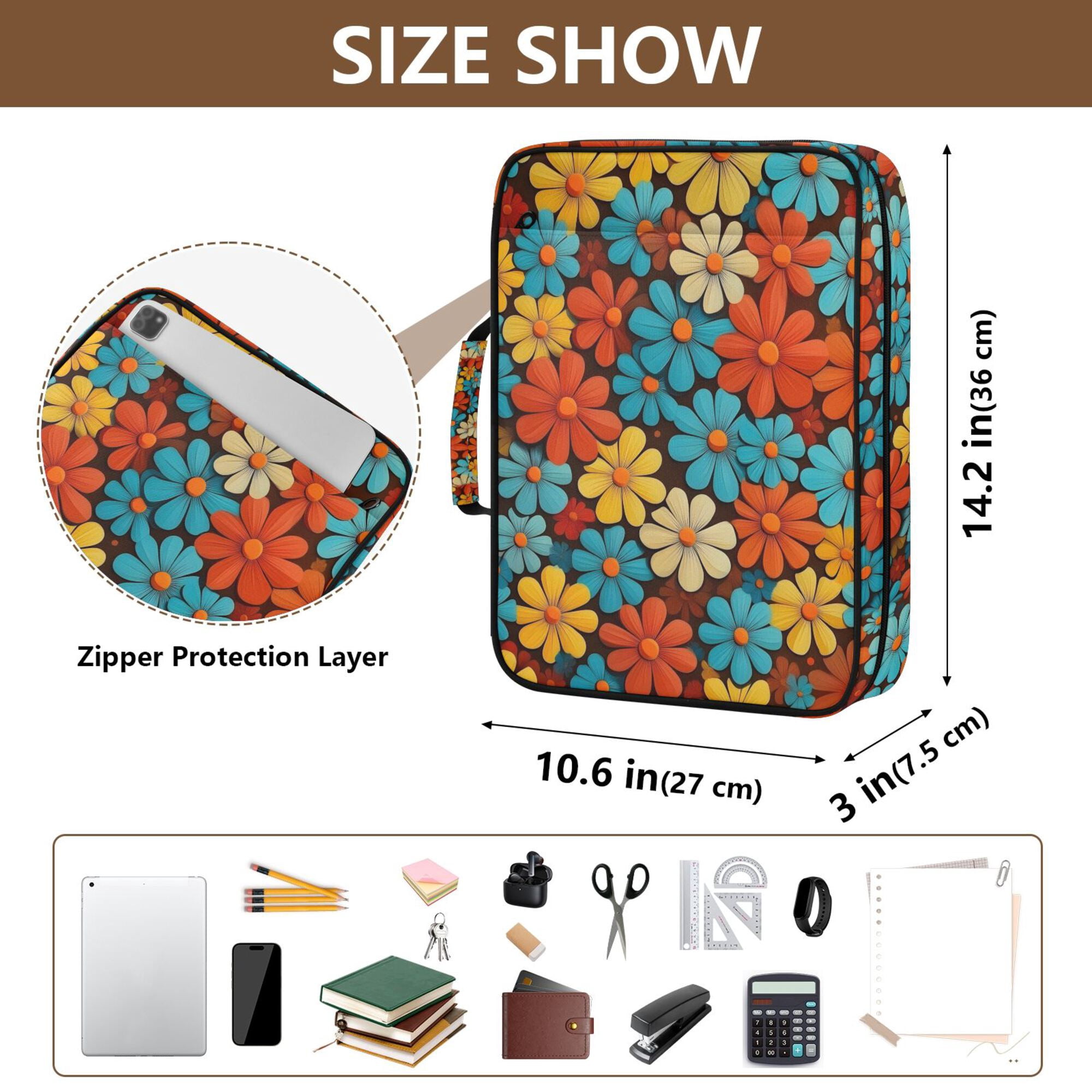 FORMRS Accordion File Folder A4 Size 7-Pocket Expanding Document Organizer Bag with 3 Ring Binder, Blooming Flowers