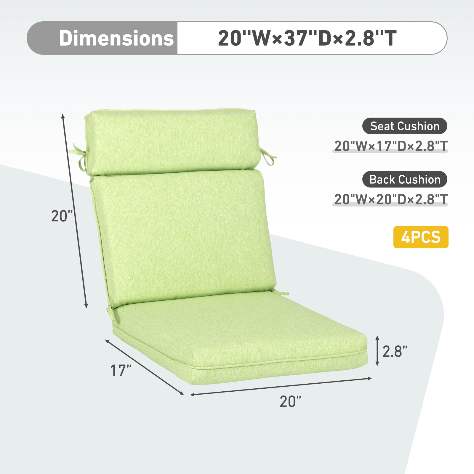 BPS Outdoor High Back Dining Chair Cushion Set, 37"x20"x2.8", TPU Water Repellent Coating&Stain Resistant, Polyester Fabric Cover with Ties and Zipper, Green, Set of 4