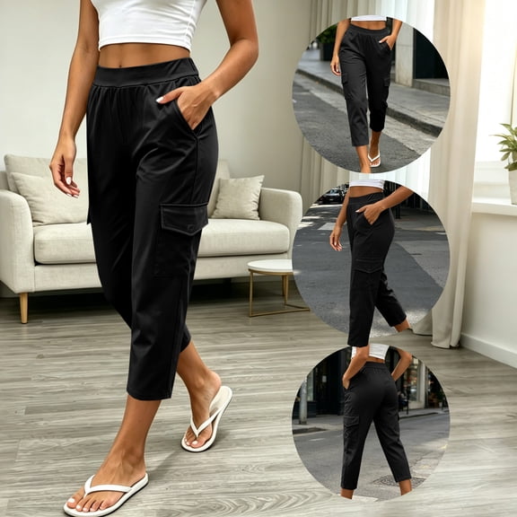Drovellove Women's Plus Size Casual High Waisted Capri Pants with Pockets - Soft Stretch Full Length Cargo Pants for Work, Travel & Weekend Errands