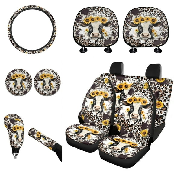 Renewold American Tribal Highland Cow Sunflower Car Seat Cover Full Set Pack of 11, with Steering Wheel Cover Car Coasters Shift Knob Handbrake Protector Coasters Headrest Auto Interior Accessories