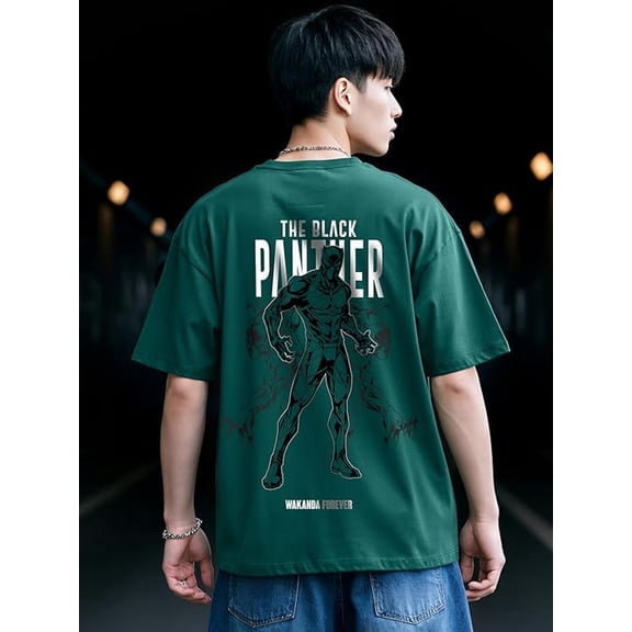 Men’s Black Panther Wakanda Forever  Oversized Green T-Shirt, Drop Shoulder Cotton Tee, Size Large