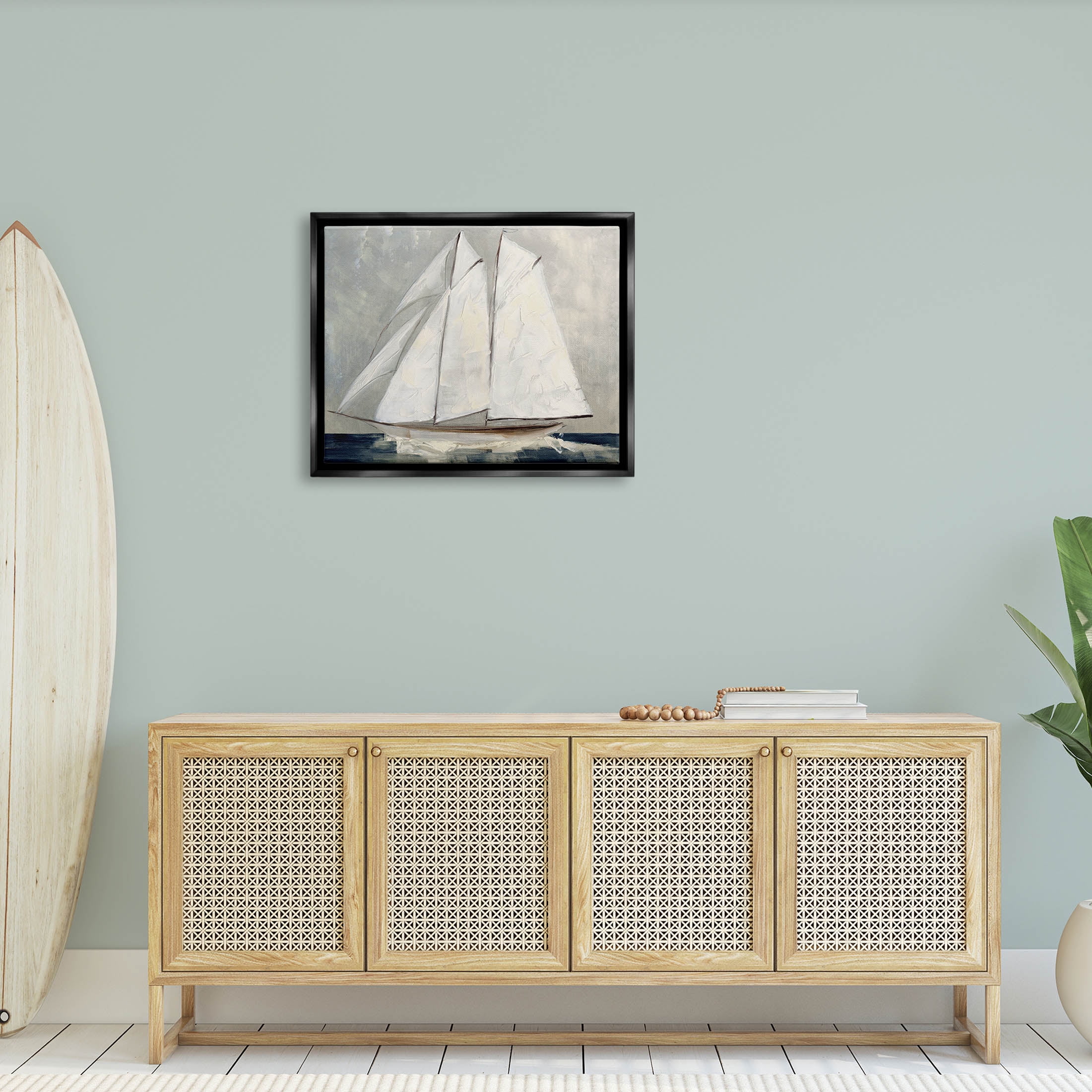 Stupell Industries Nautical Sailboat Dark Ocean Water Painting Jet Black Floating Framed Canvas Print Wall Art, Design by Sally Swatland
