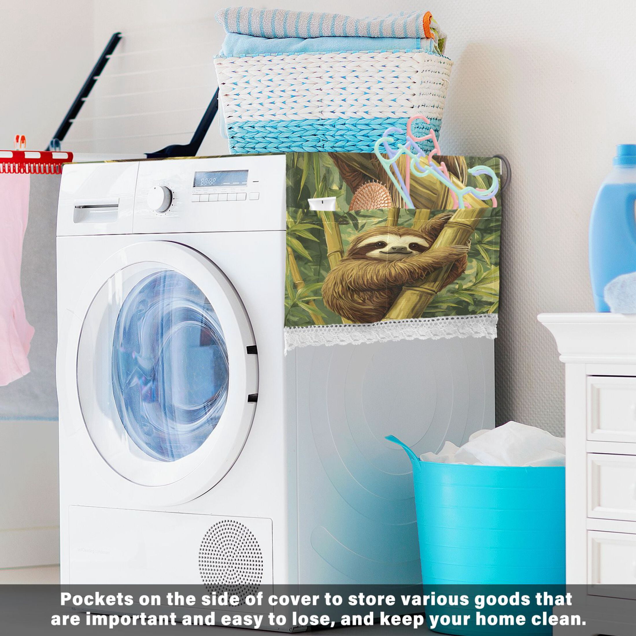 Lazy SlothWasher and Dryer Covers Dust-Proof and Oil Resistant Fridge Cover with 4 Storage Pockets Washing Machine Top Cover for Laundry Kitchen Home 51.2 x 22 In