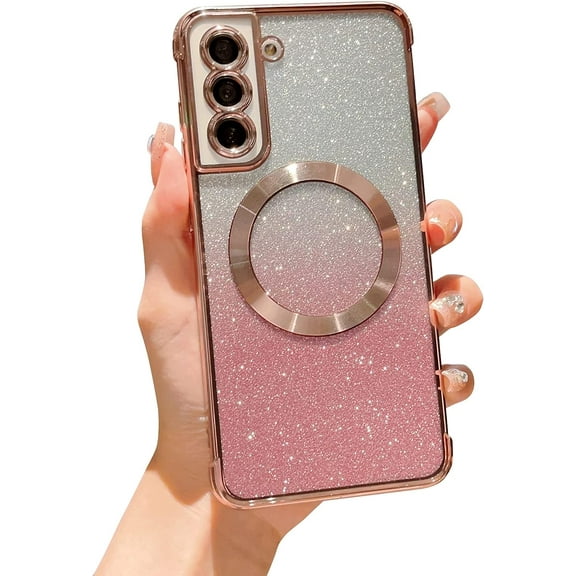 Samsung Galaxy S21 FE Magnetic Gardient Glitter Phone Case Compatible with Magsafe Luruxy Plating Cute Bling Clear Cover for Women Soft Silicone Shockproof Bumper for S21 FE 5G 6.4β (Pink)