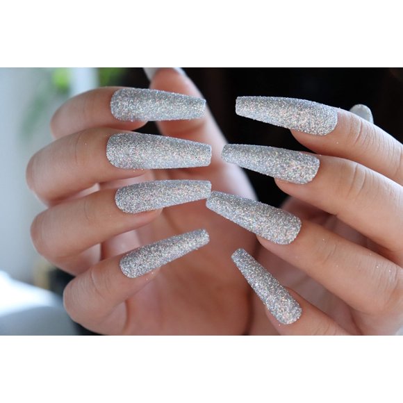 MISUD Uñas postizas con purpurina extra largas, uñas postizas de ataúd, color plateado brillante, completa, uñas postizas para mujeres y niñas