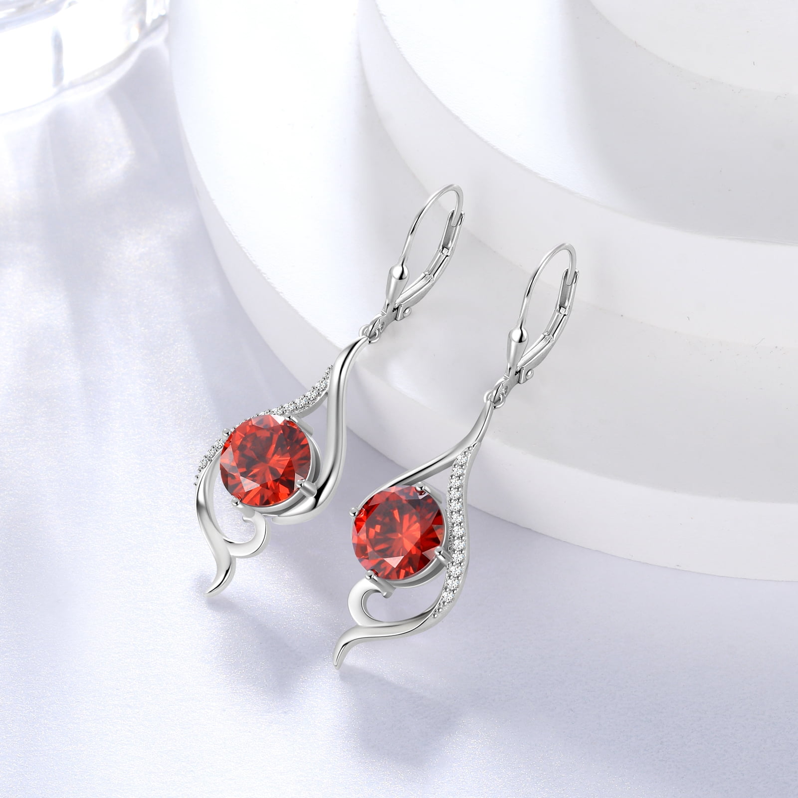 Juwaliy Women Dangle Earrings January Birthstone Earrings Garnet Red Hanging 925 Sterling Silver Leverback Tail Jewelry Mother Wife Xmas Birthday Valentines Gift for Her