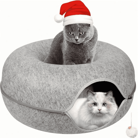 BANBERS 20" Light Grey Cat Tunnel - Detachable Felt Donut Bed, Peek-a-Cat Hole, Washable Indoor Cat House