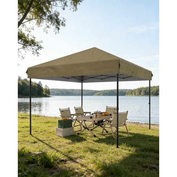 EuKer Portable Outdoor Canopies, 10 x 10ft Pop up Canopy Tent with Adjustable Heights and One-Button Setup, Khaki, New