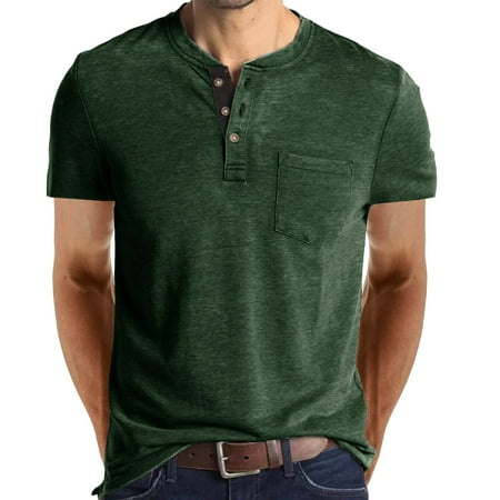 JURANMO Mens Soft Cotton Short Sleeve Shirts Vintage Solid Henley Shirts Summer Casual Pullover Tops with Pocket Clearance Sales Today Deals Green S