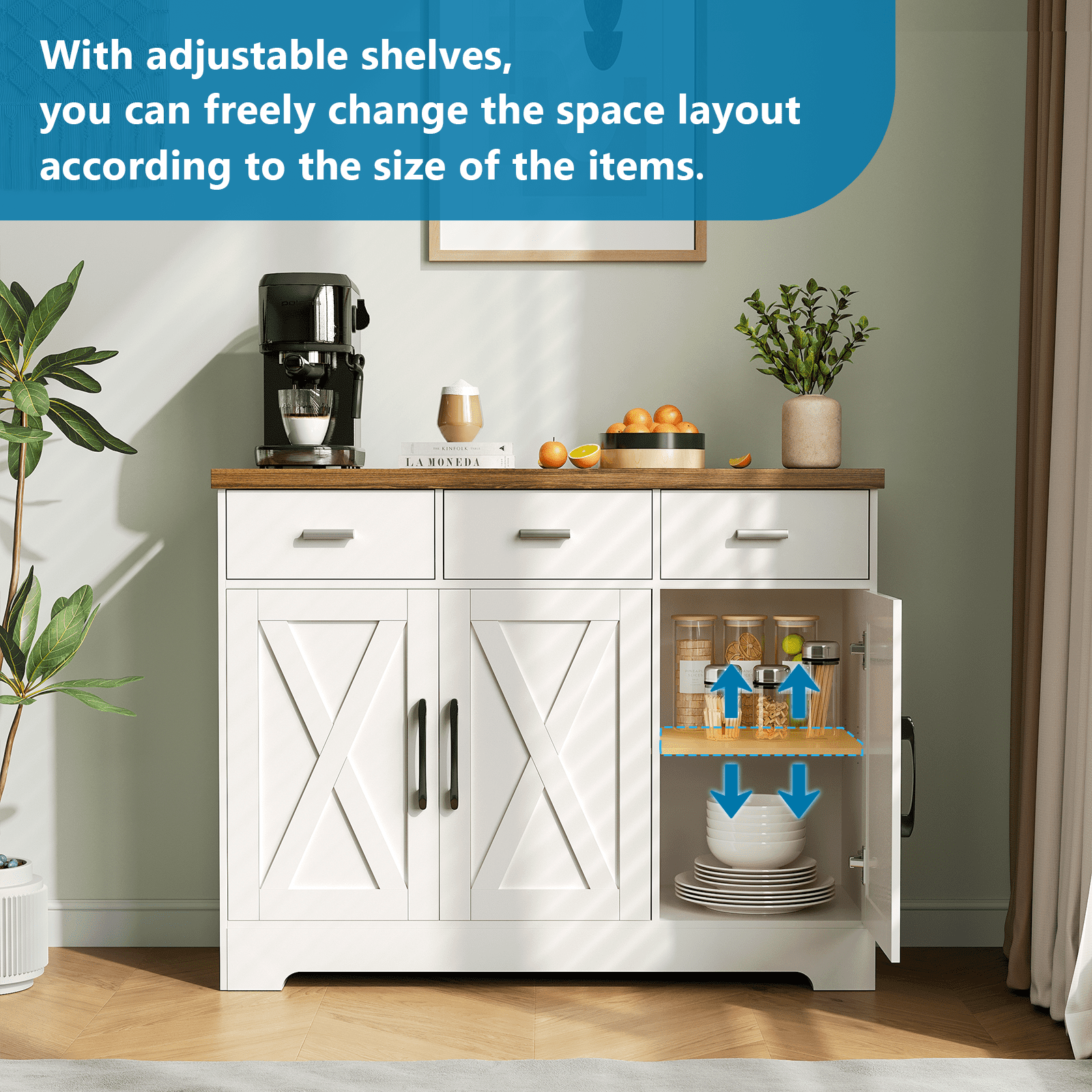 LAFGUR Buffet Sideboard Cabinet,Wood Kitchen Storage Cabinet with Adjustable Shelves,Modern Farmhouse Coffee Bar Cabinet for Kitchen, Dining Room, White
