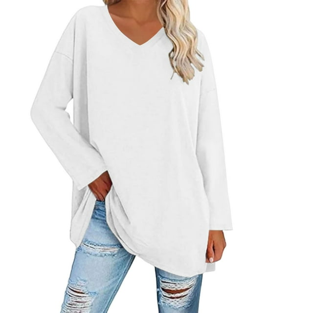 Breezora Tunique à Col Rond Surdimensionnée pour Femmes Chemise à Manches Longues Rayée Douce Coupe Ample Blouse Décontractée Décontractée 2026 Confort Quotidien Taille g Blanc