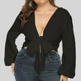 thumbnail image 4 of Women's Tie Front Crop Tops Sexy Deep V Neck Long Sleeve Blouse Plus Size Summer Tops Solid Backless Clubwear, 4 of 4