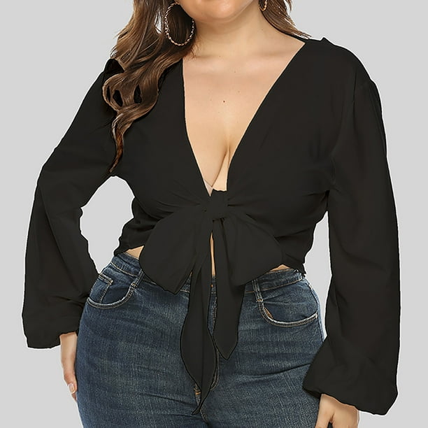 Women's Tie Front Crop Tops Sexy Deep V Neck Long Sleeve Blouse