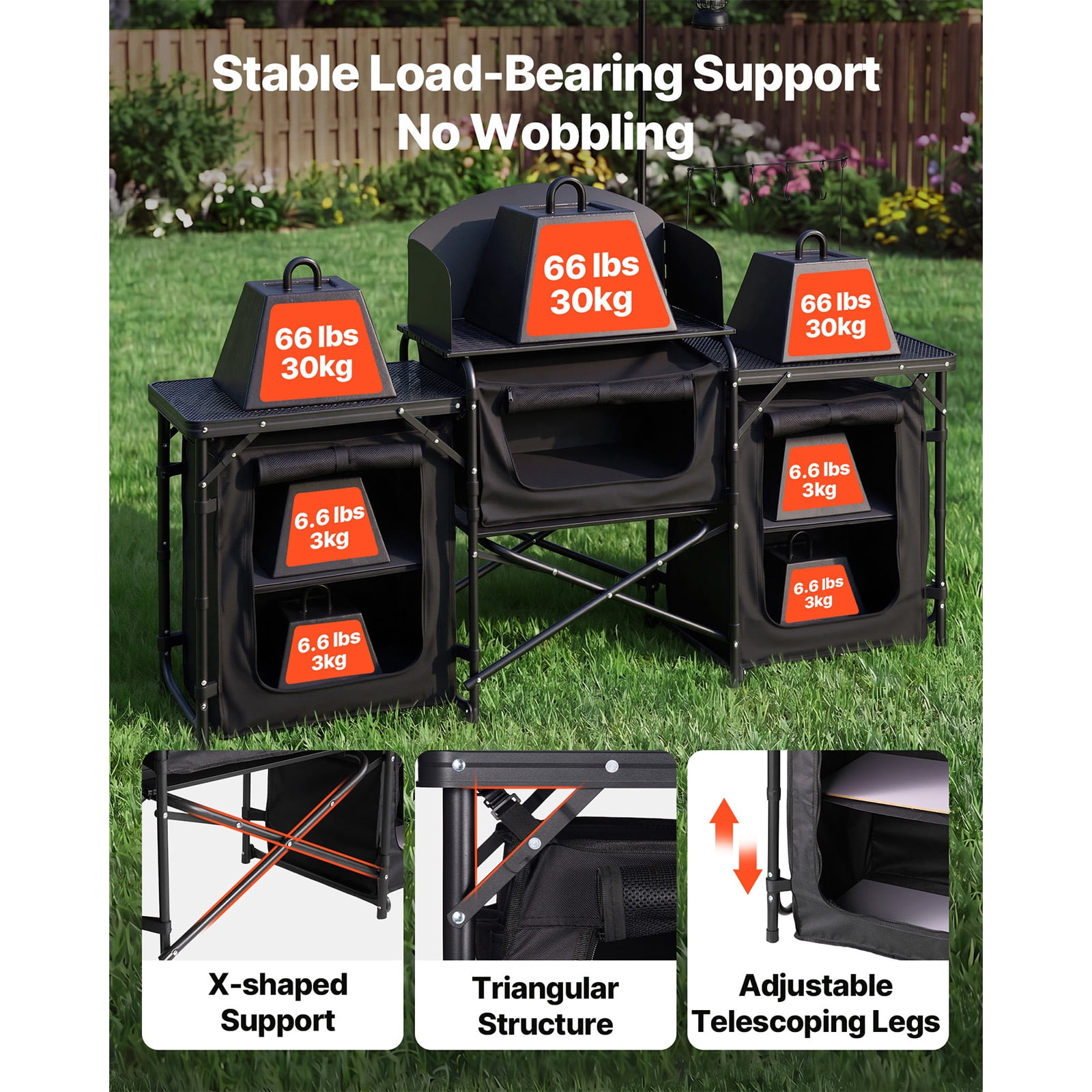 KFFKFF Folding Camping Table with Portable Design, Quick Setup Kitchen Station, Storage Organizer, Adjustable Legs, Detachable Windscreen, and Carry Bag for Outdoor Activities, Picnics, BBQs