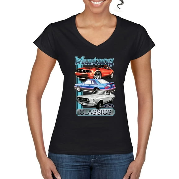 Wild Bobby Mustang Ford Classics Cars and Trucks Women Standard V-Neck Tee, Black, Small