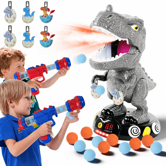 JUGAAD LIFE Dinosaur Shooting Toys for Kids, Movable Target Shooting Games with 2 Air Pump Blasters, 48 Foam Balls and LED Score, Birthday Gifts for 3 4 5 6 7 Years Old Boys - Gray