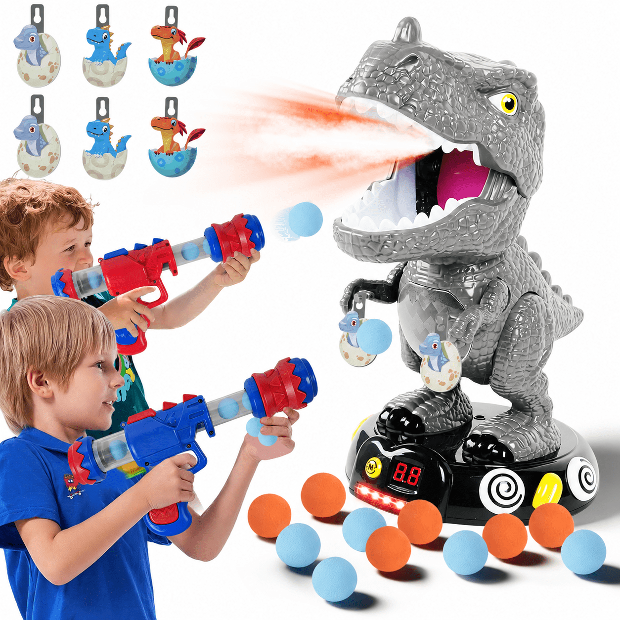 JUGAAD LIFE Dinosaur Shooting Toys for Kids, Movable Target Shooting Games with 2 Air Pump Blasters, 48 Foam Balls and LED Score, Birthday Gifts for 3 4 5 6 7 Years Old Boys - Gray