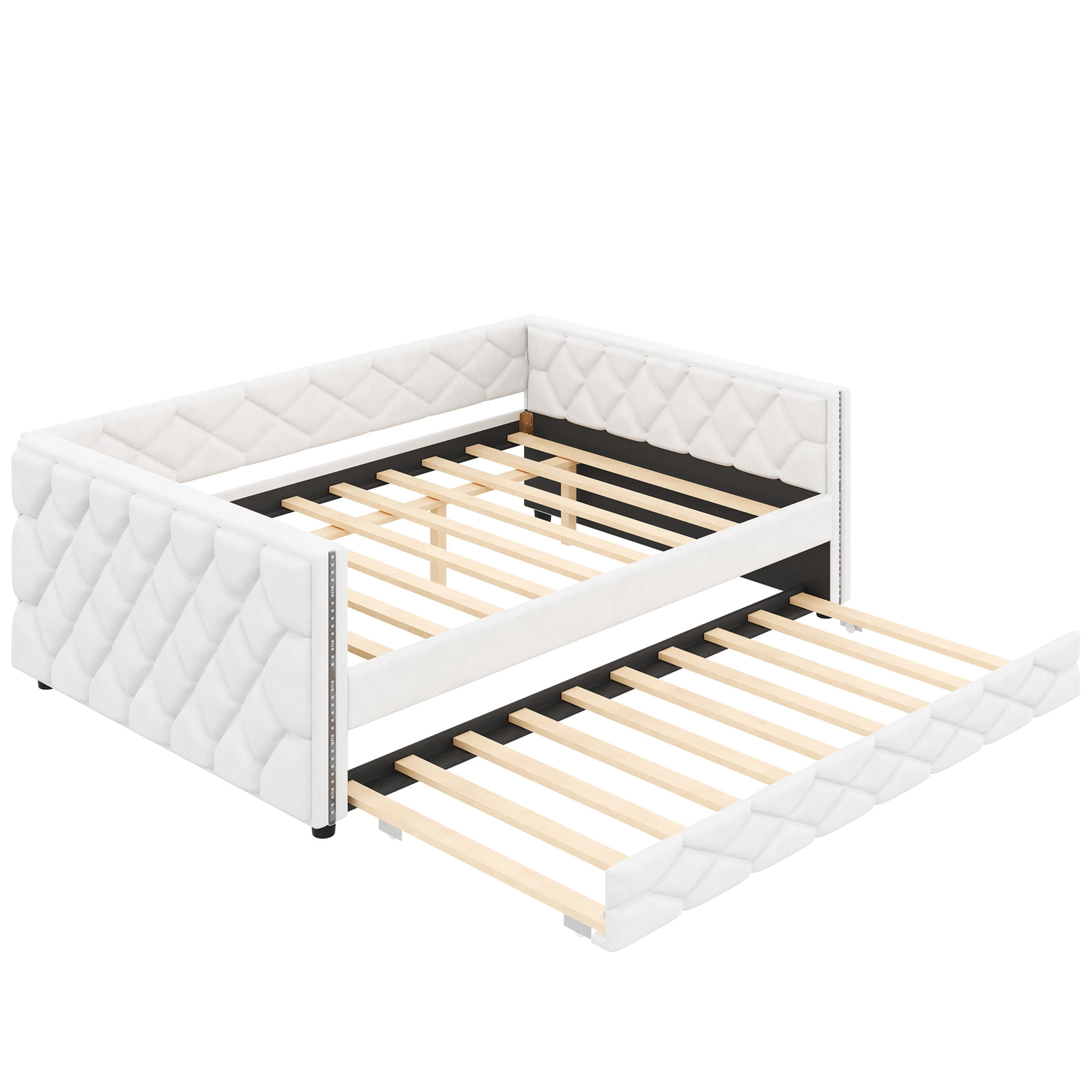 Noble House Girel Full XL Size Upholstered PU Leather Daybed with Extra Twin Trundle and LED Light, White