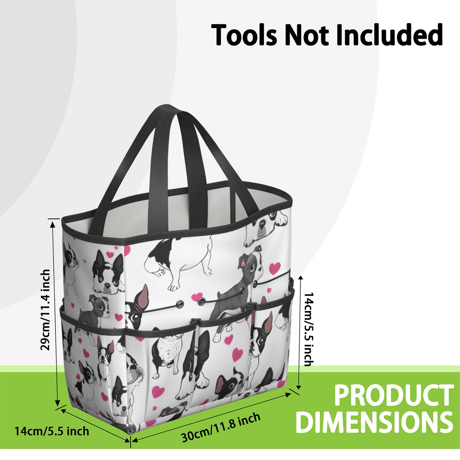 Garden Tool Bag,Pug and Love Heart Garden Tool Organizer,Garden Gifts,Waterproof Multi-Pocket Garden Tool Storage 11.8x5.5x11.4 Inch(Tools NOT Included)