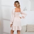 thumbnail image 4 of Women's Square Neck Lantern Long Sleeve Shirred Ruffle A Line Flowy Party Mini Dress, 4 of 5