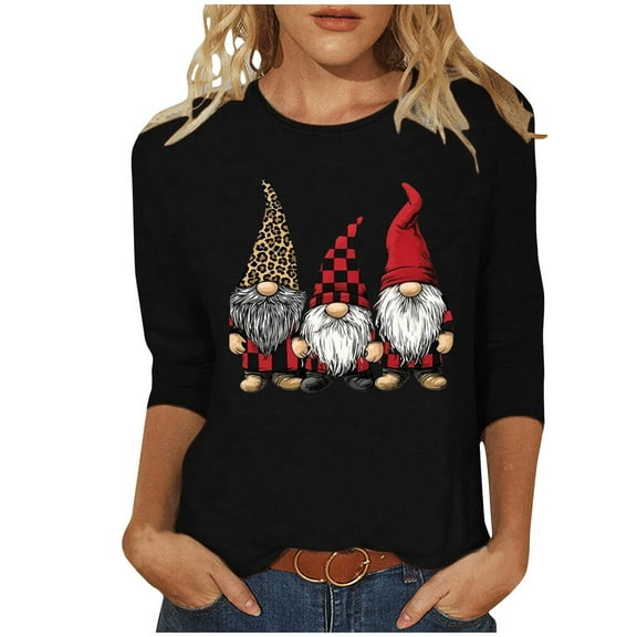 Christmas T-Shirts Womens Gnomes Wine Glass Print 3/4 Sleeve Graphic Tee Round Neck Plus Size 3-5X Holiday Tops (XL, Black|Gnome)