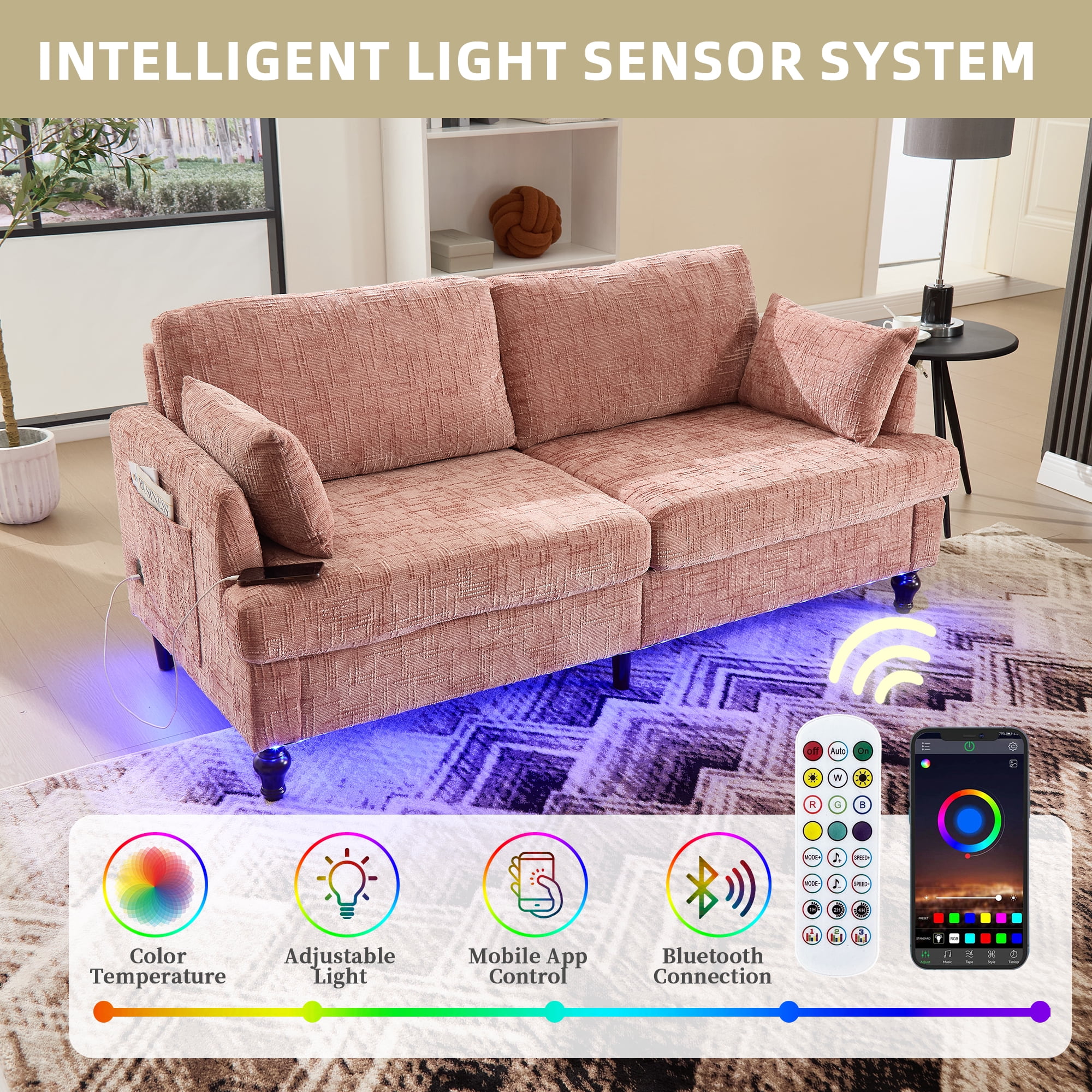 MOONMISS Chenille Upholstered Mid Century Modern Wood Frame Loveseats Sofa with LED light,USB and Side Pocket-Pink