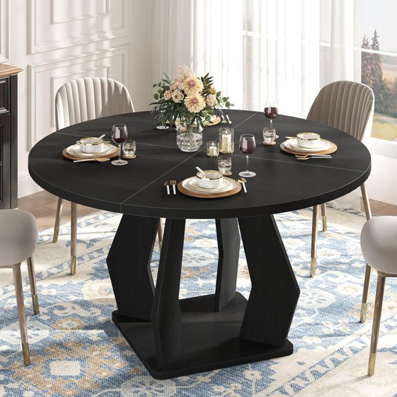 IBF Round Dining Table for 4 to 6, 47 Inches Kitchen Table with Spacious Tabletop Modern Circle Dining Table, Wood Dinner Table with Sturdy Pedestal Base for Dining Room Kitchen Living Room