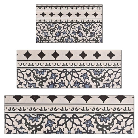 Blue Geometric Flower Diamond Pattern Kitchen Rugs Sets Of 3,Kitchen Runner Rugs Non Skid Washable,Decorative Kitchen Floor Mats for Kitchen,Sink,Laundry,17"x30"  17"x47"   17"x59"
