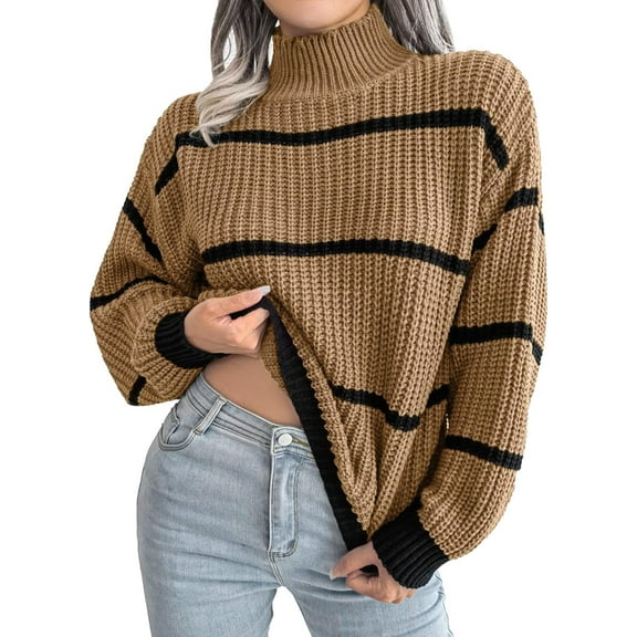 Women Casual Turtleneck Striped Sweater Long Lantern Sleeve Mock Neck Tunic Jumper Top Fall Winter Knit Pullover
