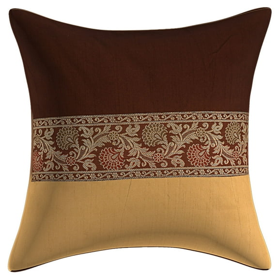 Stylo Culture Indian Chair Seat Throw Pillow Cover 16 x 16 Brocade Jacquard Patchwork Dark Brown Beige Traditional 40 x 40 cm Lounge Decor Polydupion Floral Square Cushion Cover | 1 Pc