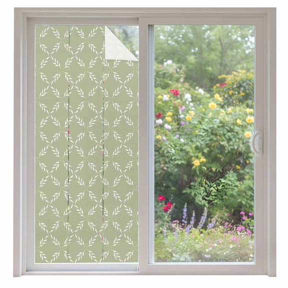 Sage Green Window Privacy Film, Geometric Flower Leaf Diamond Plaid Retro Static Cling UV Sun Blocking Heat Control Window Tint Day and Night, Non-Adhesive One Way Windows Privacy Cover 35.4''x78.7''