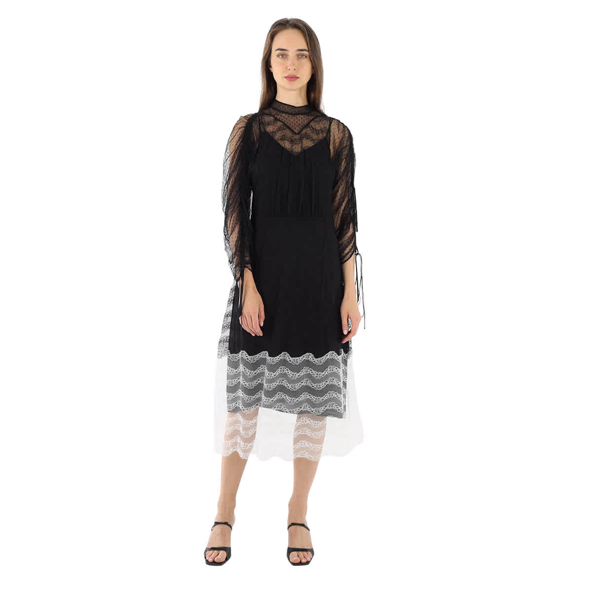 Burberry Ladies Black Geometric Lace Dress With Gathered-sleeves, Brand  Size 2 (US Size 0)