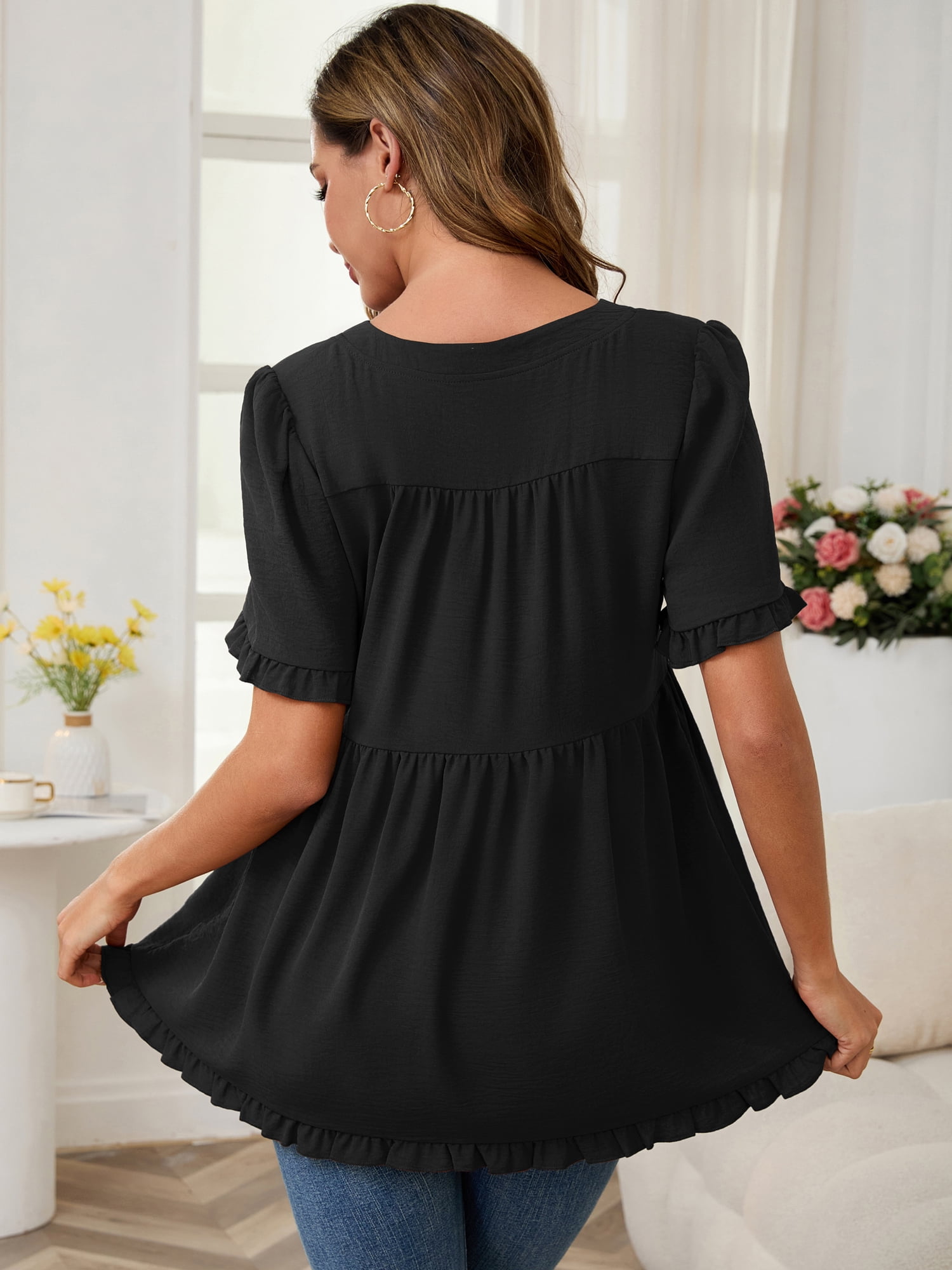 DARING DIVA Women's Boho Ruffled V Neck Short Sleeve Maternity Tops M Black