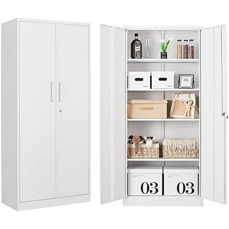 

Metal Garage Cabinet 71 Locking Cabinet with 2 Doors and 4 Adjustable Shelves Lockable Metal Cabinet for Office Home Garage Gym School（White） SC9005D