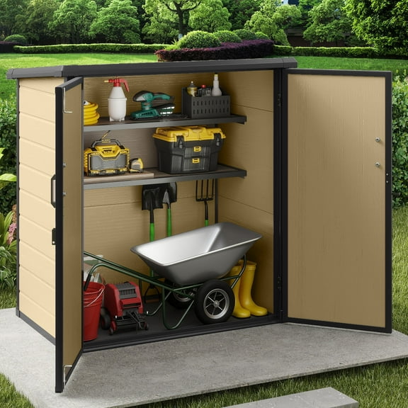 ModFusion 4.73 x 2.59 x 4.2 ft Resin Storage Shed with 2 Shelves, Lockable, 51 cuft Floor, Waterproof Plastic Box for Pool Cushions, Small Garden Utility Corner Building, Brown