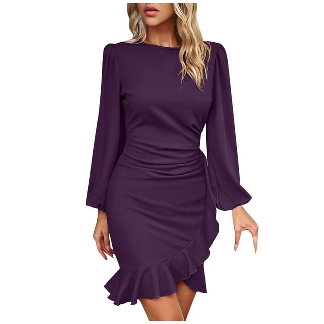 Vestido ajustado de manga larga con mangas abullonadas para mujer: elegante vestido midi de fiesta con mangas abullonadas