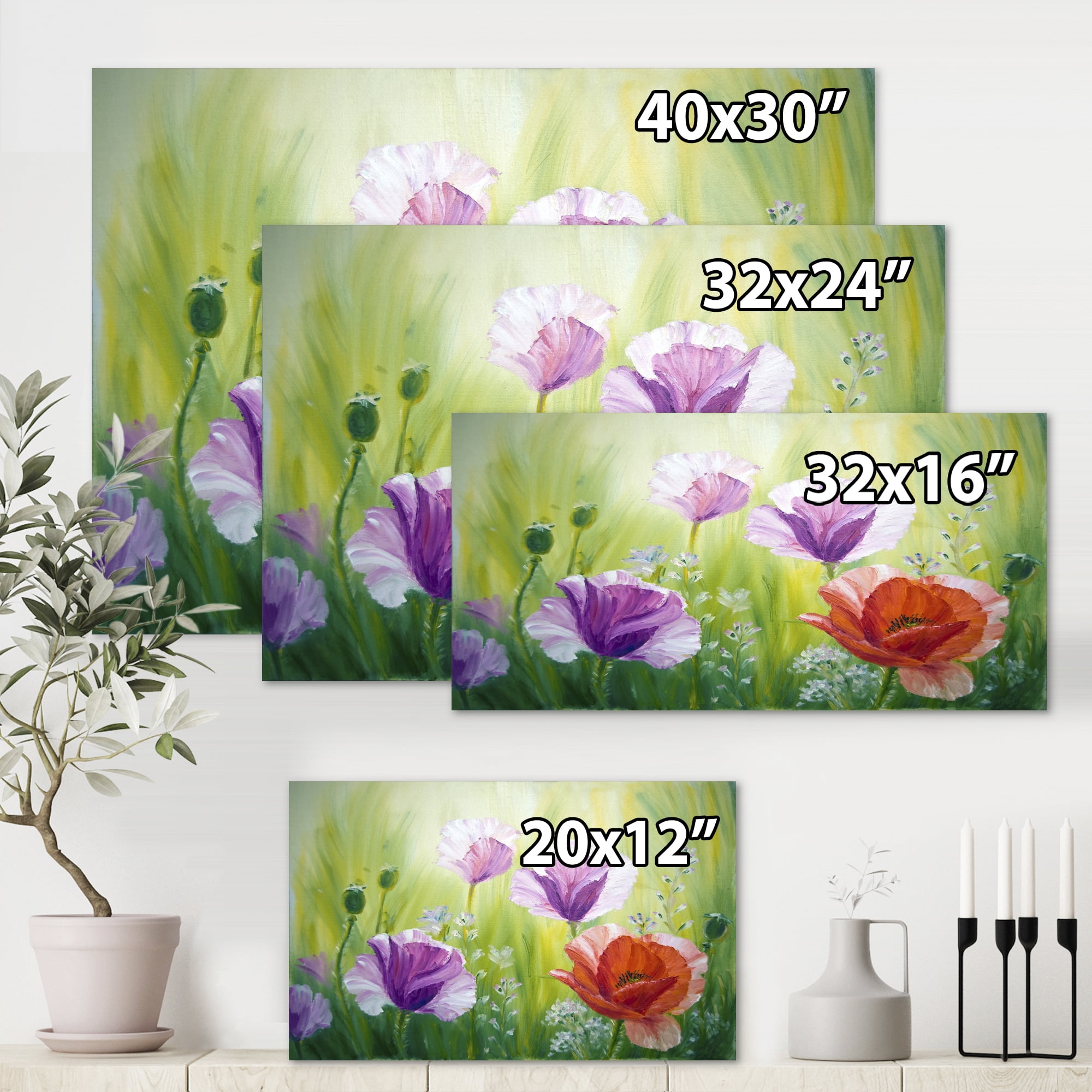 Designart ' Blossoming Red and Purple Poppies In The Morning II ' Traditional Canvas Wall Art Print