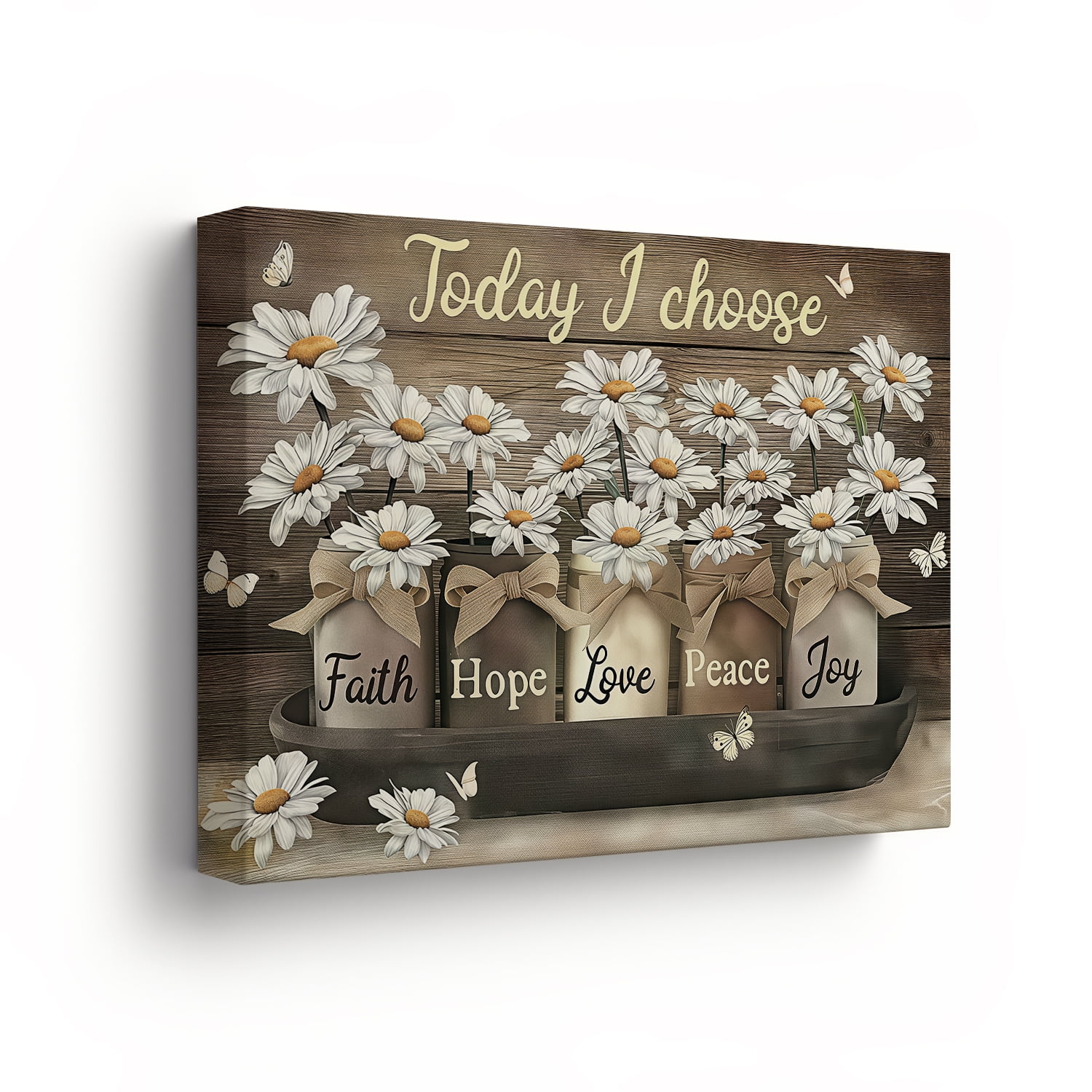 Today I Choose Faith Hope Love Peace Joy Canvas Wall Art with Frame – Rustic Daisy Floral Decor for Living Room Bedroom Home Office