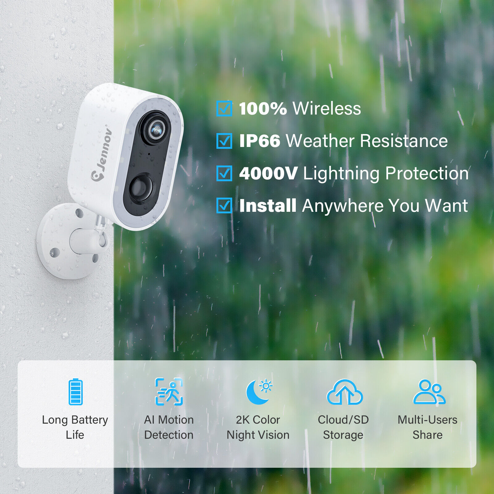 Jennov 2K Security Cameras Wireless Outdoor, 2.4G WiFi Battery Powered with Solar Panel, Motion detection, Night Vision