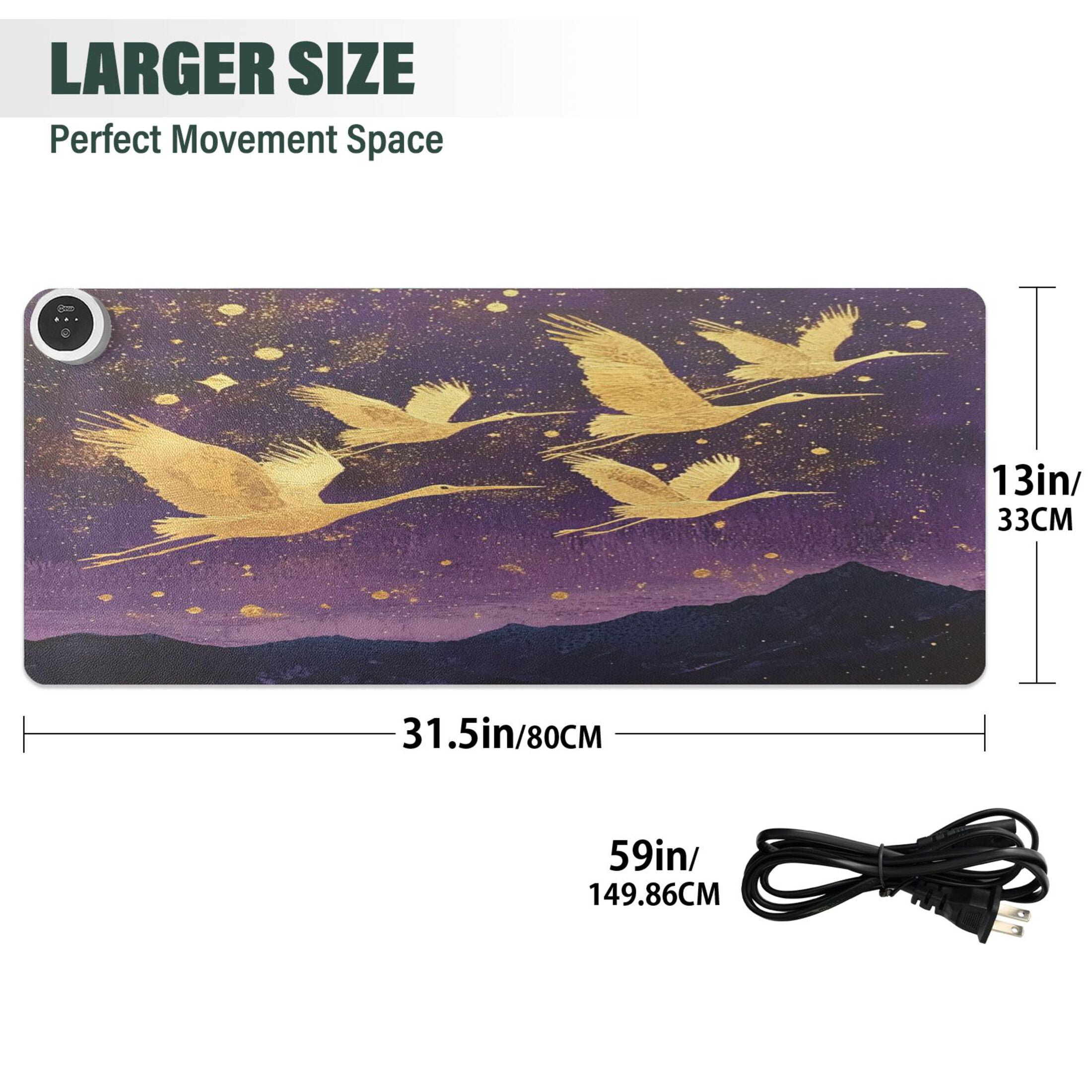 Wobogo Wild Crane Heated Mouse Pad Extra-Large Desk Mat With 3 Heating Levels and 3-hour Auto Shut-Off Protection Ideal for Computer Keyboards Home Office Hand-warming Essential 31.5in × 13in