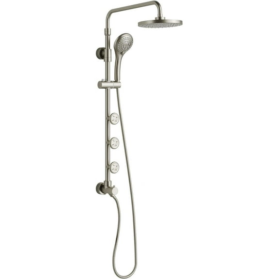 Lanikai 8-in Rain Showerhead Shower System with 3-Body Jets Multi-function Handshower and Pivoting Shower Arm Brushed Nickel 1.8GPM