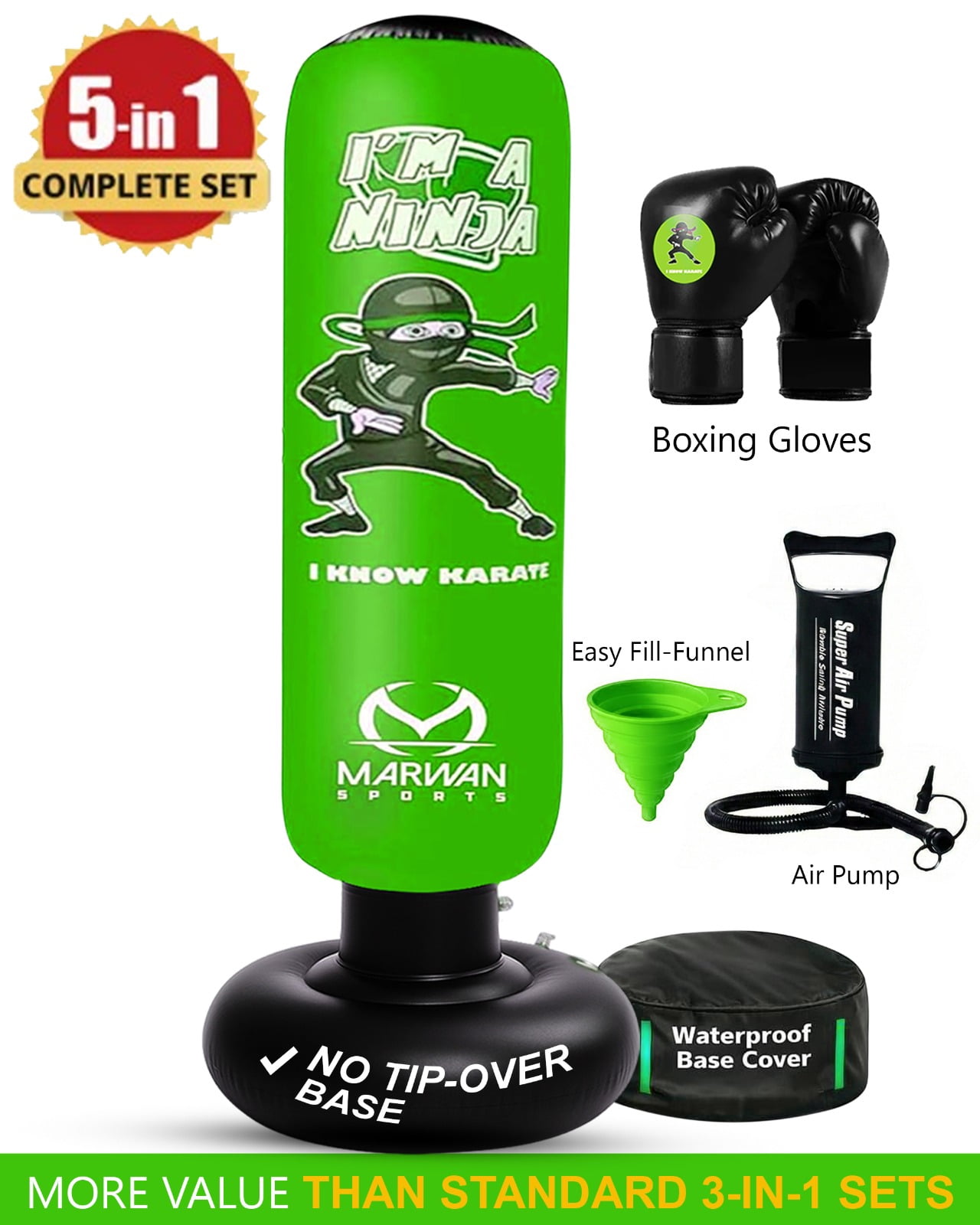 Marwan Sports, Kids Punching Bag, Inflatable Ninja Set with Air