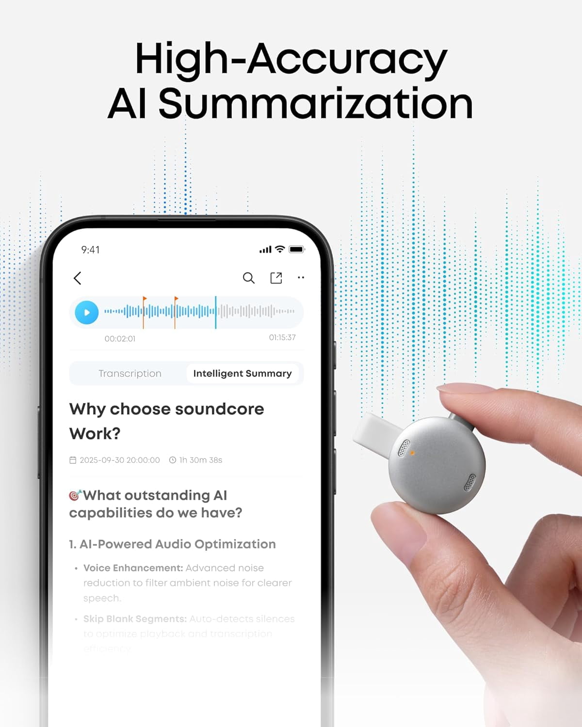 soundcore Work by Anker, Portable AI Voice Recorder, AI Transcription & Summarization, 6-Month Pro at No Charge, Cross-Meeting Summary, Double-Tap to Mark, MFi Certified, Privacy Protection(White)