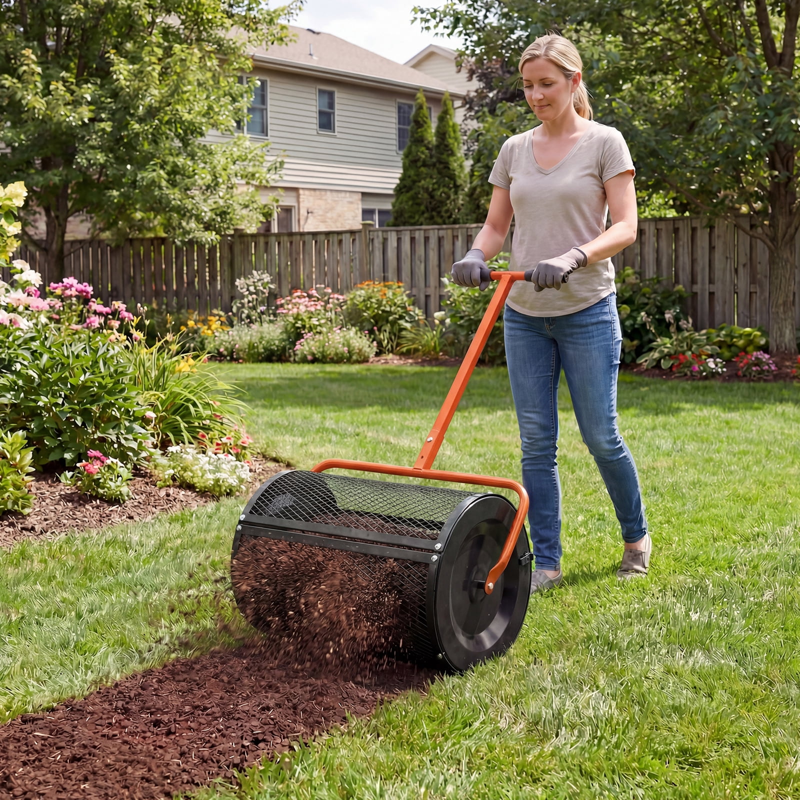 Gymax Compost SpreaderPeat Moss Spreader Roller w/Height-adjustable T-shape Handle Orange