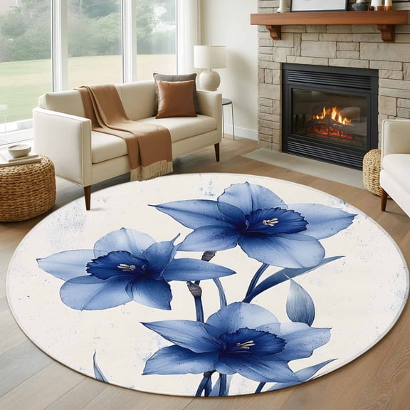 Round Rugs 5Ft, Blue Spring Floral Round Area Rug Washable Indoor Throw Carpet, Summer Botanical Wildflower Garden Soft Non Slip Circle Rug for Cabinet Bathroom Home Decor Aesthetic