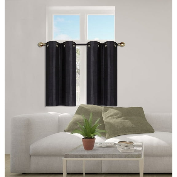 2PC BLACK  Faux Silk Window Curtain Treatment, Set of Two (2) Solid Semi Sheer Panels 30" W x 36" L (Each) N25