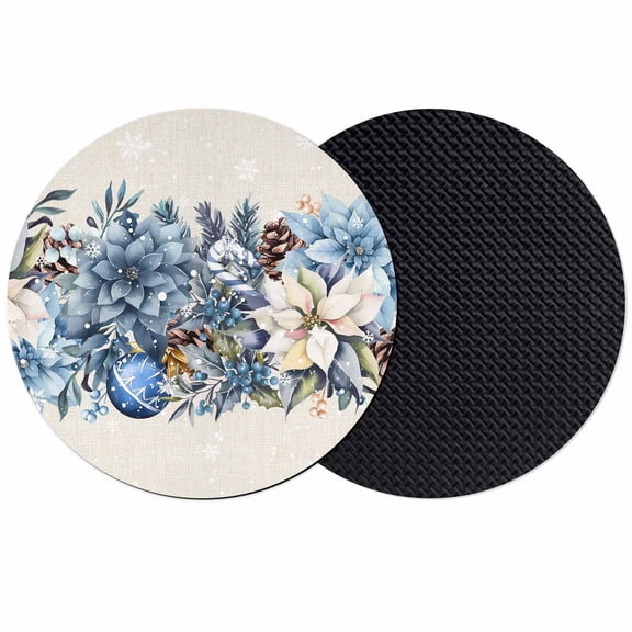 Blue Christmas Poinsettia Coasters Set of 2, Absorbent Coasters for Drinks, Xmas Botanical Balls Snowflake Rustic Coaster for Desk Coffee Table Protection, Home Decor House Warming Gifts 4"