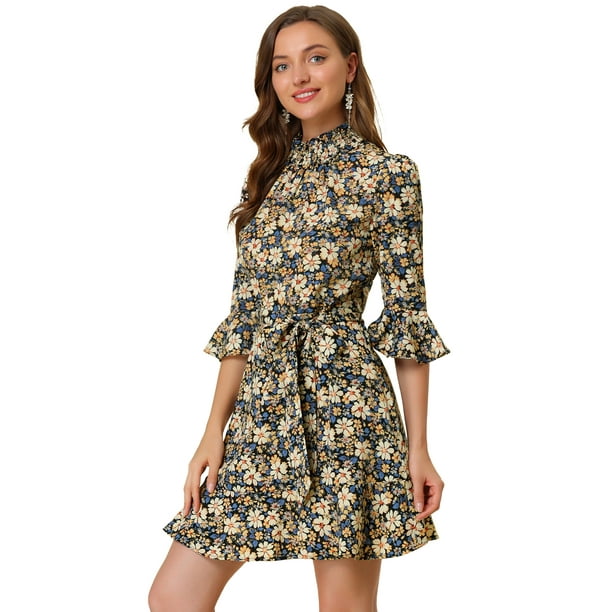 Vestido con volantes y volantes con cuello alto y manga acampanada 3/4 con cuello alto y fruncido floral para mujer Negro beige S