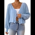 thumbnail image 3 of Suéter Tipo Cárdigan Corto de Punto Acanalado con Cuello en V y Larga para Mujer Azul L, 3 of 10