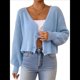 thumbnail image 3 of Suéter Tipo Cárdigan Corto de Punto Acanalado con Cuello en V y Larga para Mujer Azul S, 3 of 10